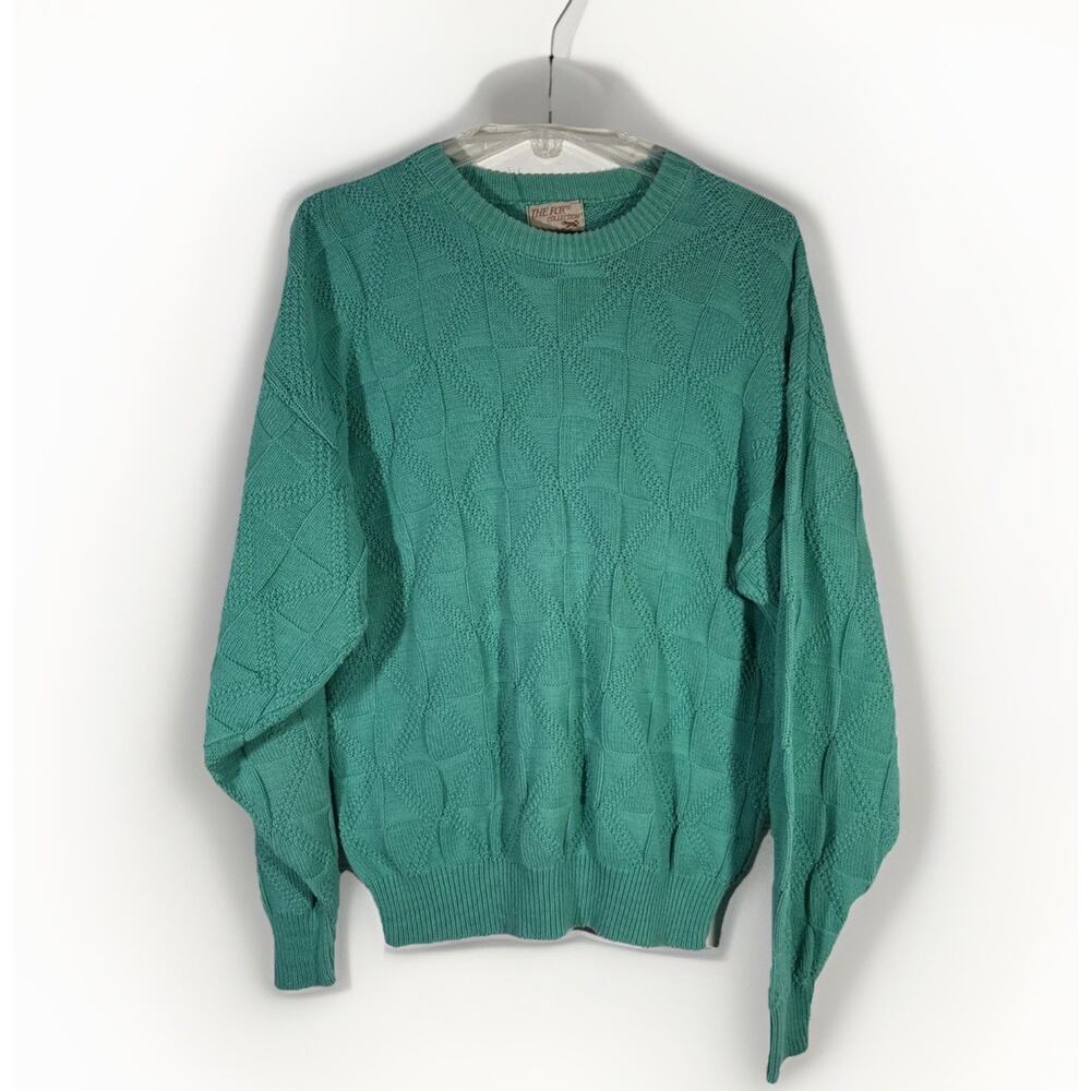 Vintage The Fox Collection Mens L Green Cotton Knit Sweater 80s Preppy Pullover